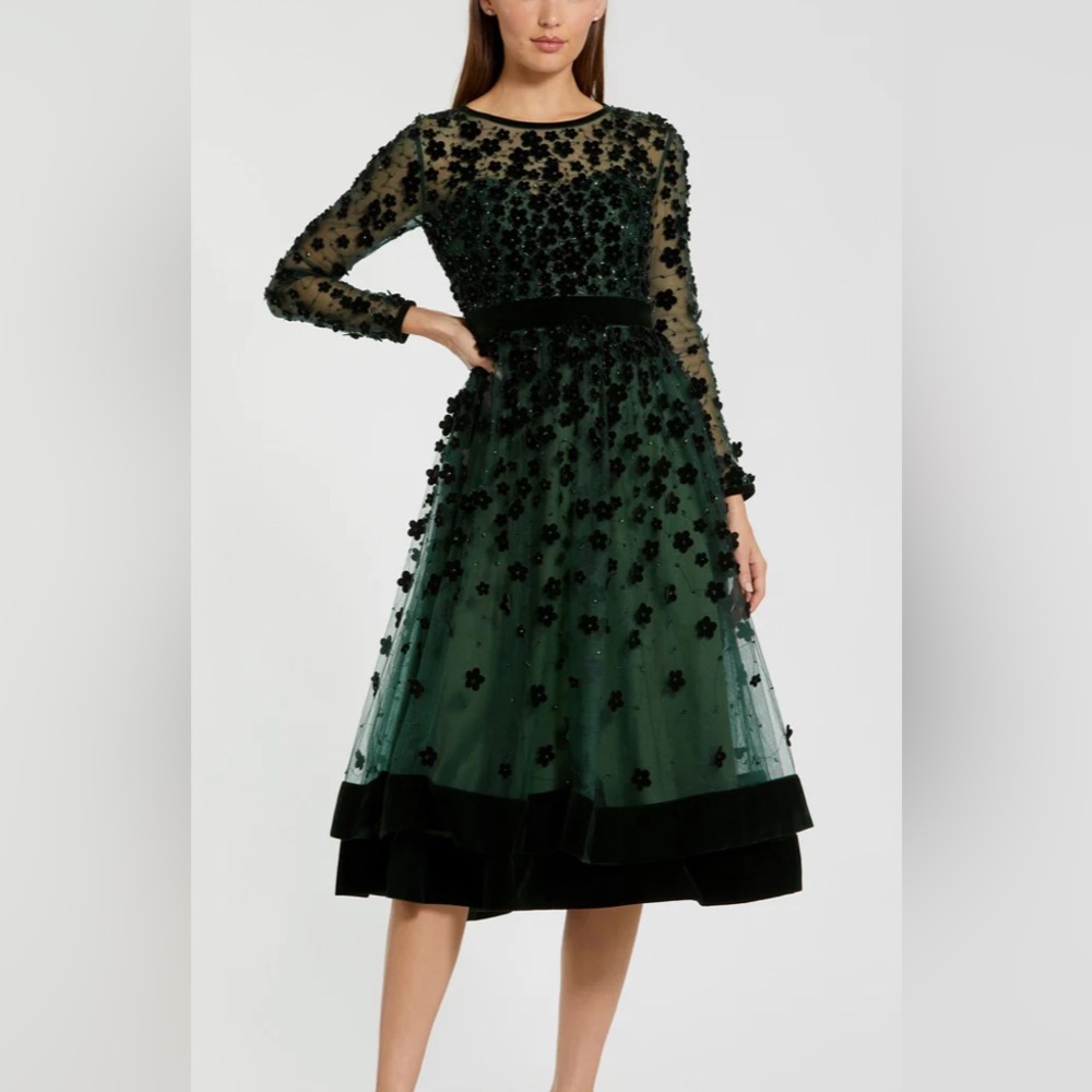 NWT Green Embellished Illusion High Neck Long Sleeve Fit & Flare Dress